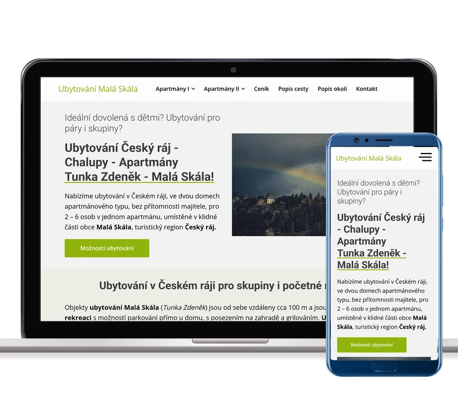 Web Ubytování Malá Skála zobrazený na notebooku a mobilním telefonu