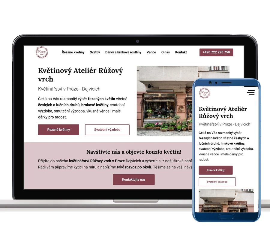 Web Květinový ateliér Růžový vrch zobrazený na notebooku a mobilním telefonu