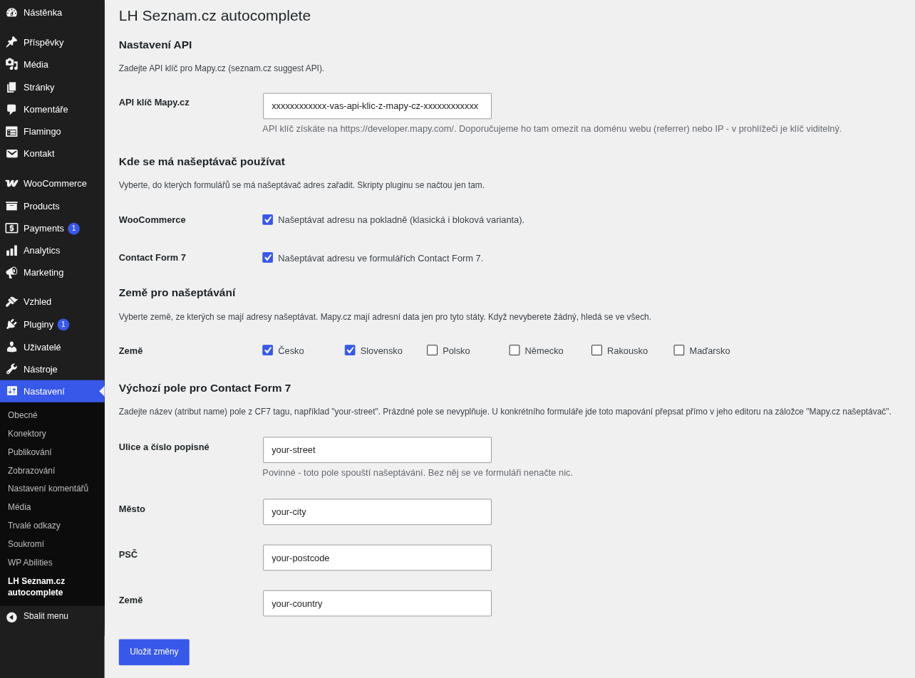 Stránka nastavení pluginu LH Seznam.cz autocomplete ve WordPress administraci