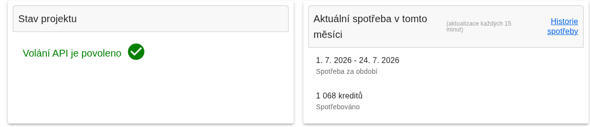 Přehled projektu na developer.mapy.com: Volání API je povoleno, aktuální spotřeba kreditů za měsíc