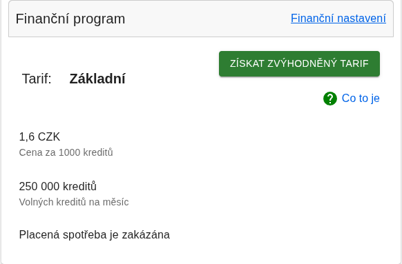 Finanční program projektu na developer.mapy.com: tarif Základní, 250 000 volných kreditů na měsíc, placená spotřeba zakázána