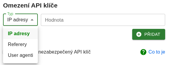 Omezení API klíče na developer.mapy.com: výběr typu Referery, IP adresy, User agenti a pole pro hodnotu