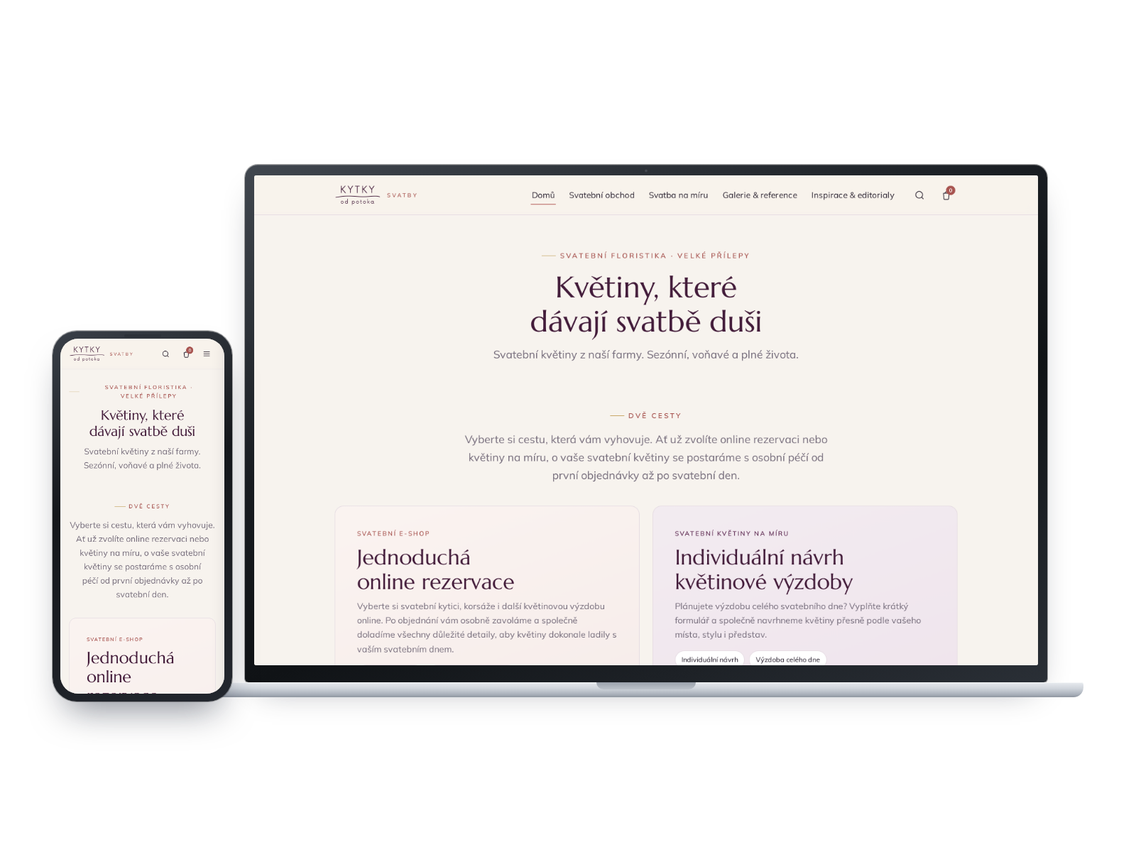 Svatební eshop Kytky od potoka na notebooku a telefonu po redesignu