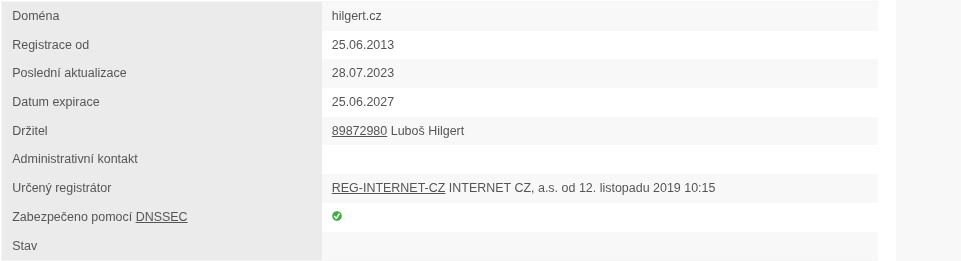 Výpis z registru pro doménu hilgert.cz - řádek Držitel, datum expirace a určený registrátor
