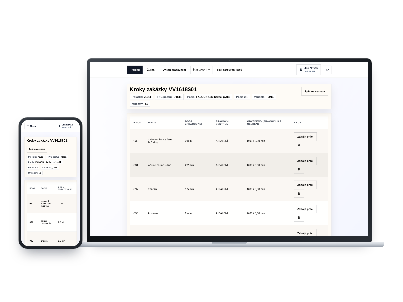 WorkTrack - aplikace pro evidenci výroby na notebooku a mobilním telefonu