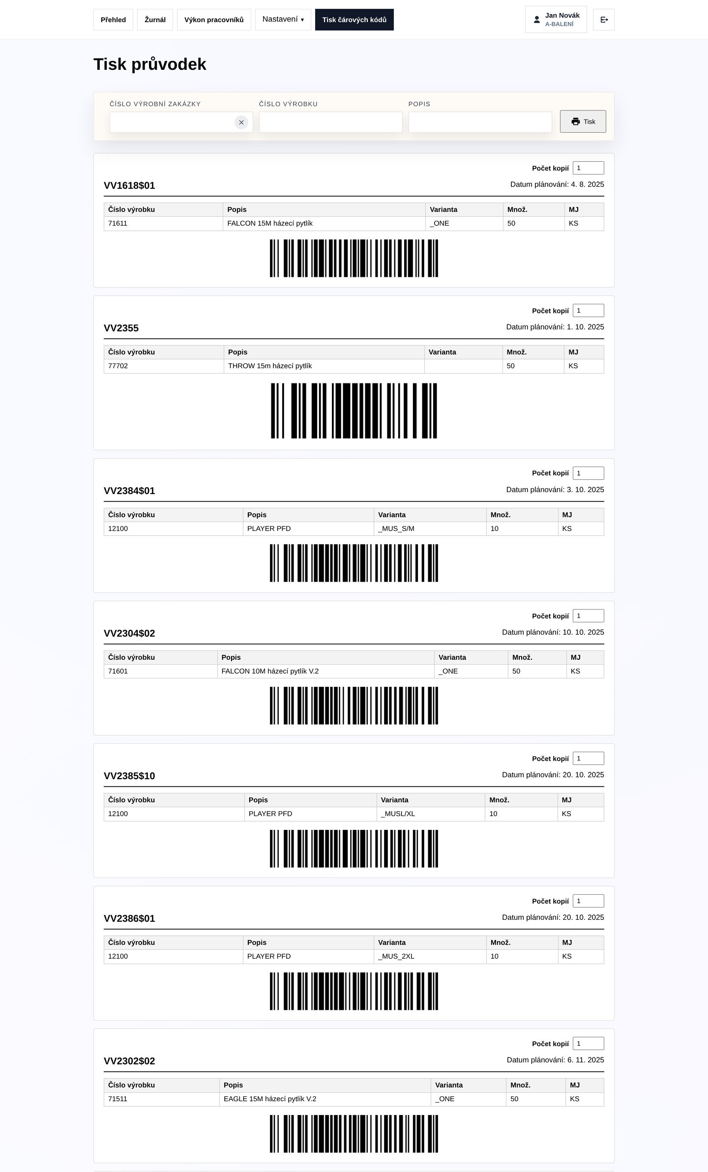 WorkTrack - tisk průvodek výrobních zakázek s čárovými kódy