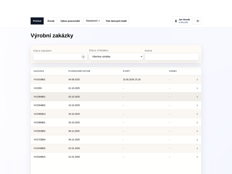 WorkTrack - přehled výrobních zakázek v aplikaci pro evidenci výroby