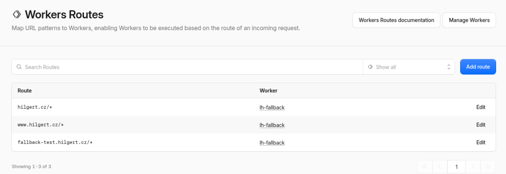 Workers Routes se třemi route na konkrétní hostnamy