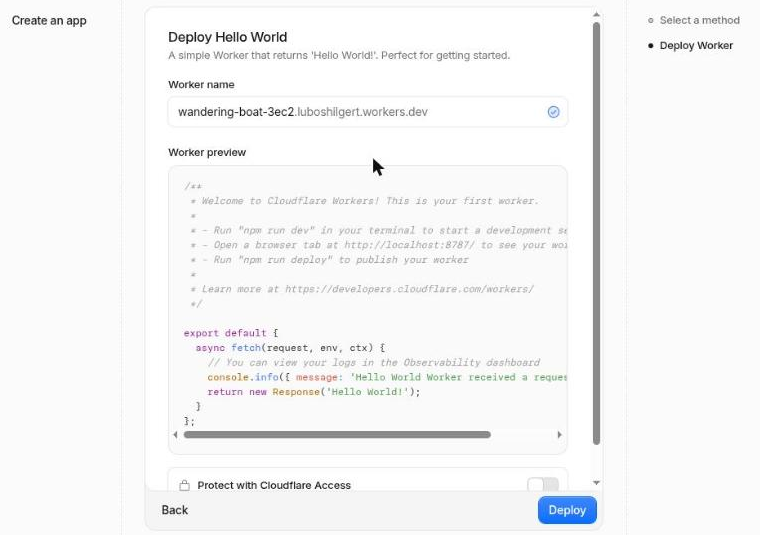 Formulář Deploy Hello World s názvem Workeru a tlačítkem Deploy