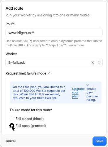 Formulář Add route s vybraným Fail open (proceed)