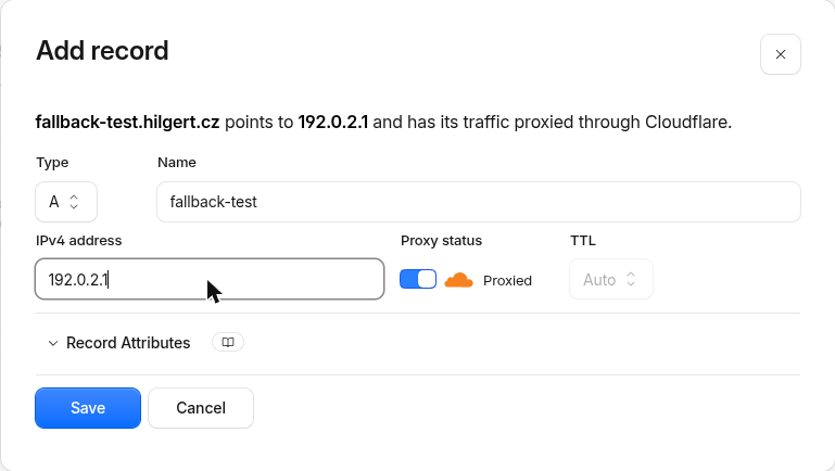 Přidání DNS záznamu A fallback-test na 192.0.2.1 se zapnutou proxy