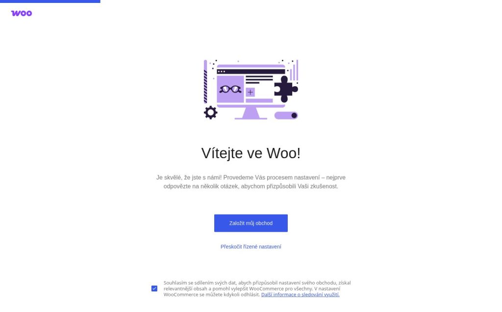 Welcome screen of the WooCommerce setup wizard with a Set up my store button and a Skip guided setup link