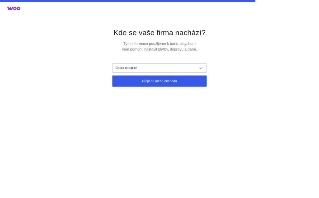 Setup wizard step asking where the business is located, with the Czech Republic selected and a Go to my store button