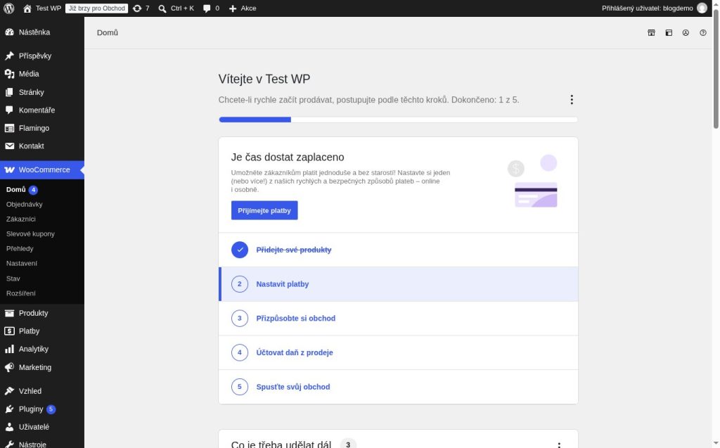 WooCommerce Home after the wizard: a checklist of steps to launch the store and a Coming soon badge in the top toolbar