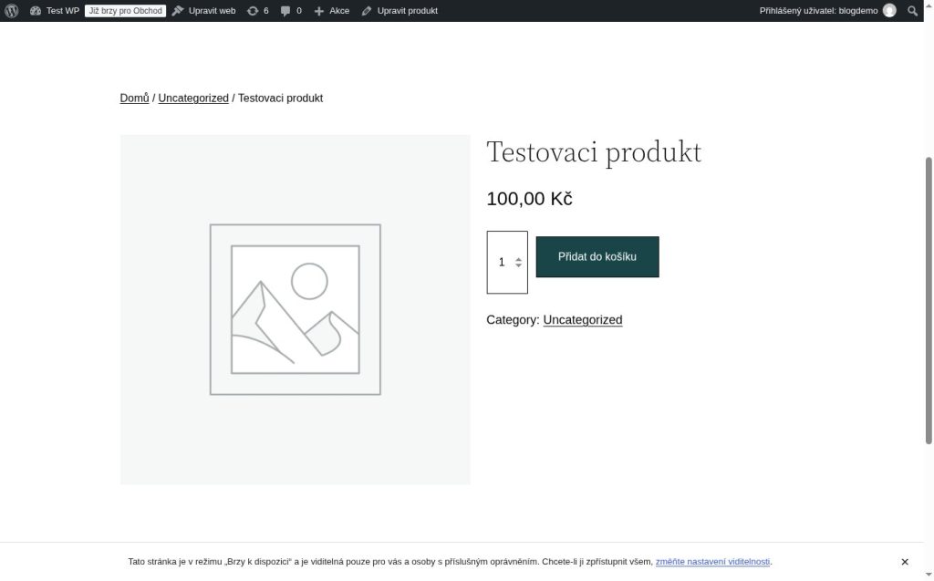 Product page for a logged-in administrator: price and cart work, a Coming soon badge in the toolbar and a notice about the mode at the bottom