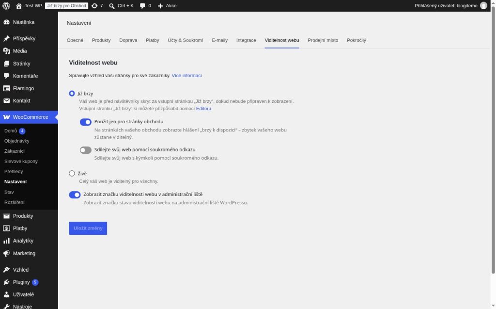 WooCommerce Settings, Site visibility tab: Coming soon selected with Apply to store pages only switched on, and the Live option below