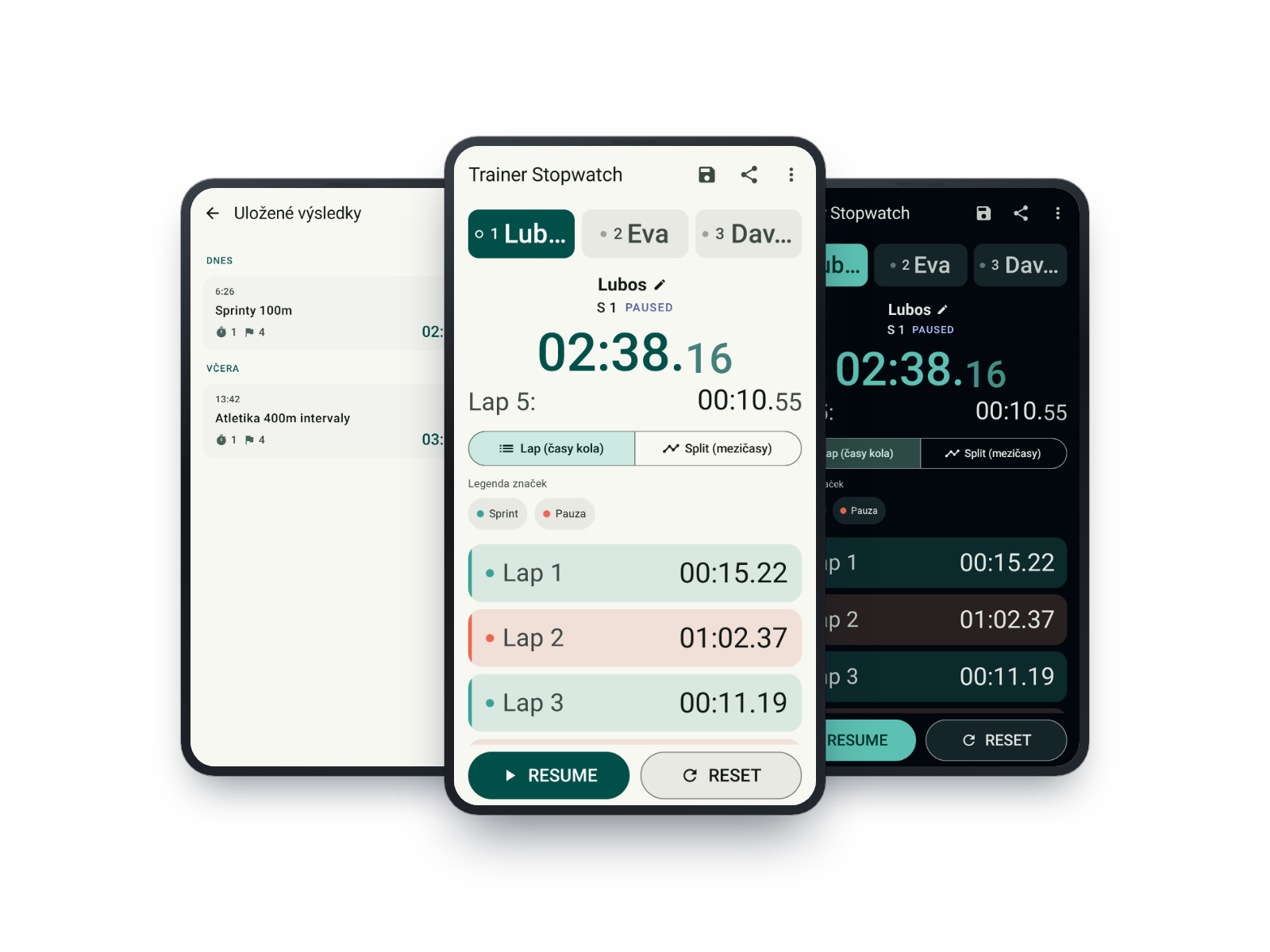 Trainer Stopwatch - Android aplikace se stopkami pro trenéry na třech telefonech