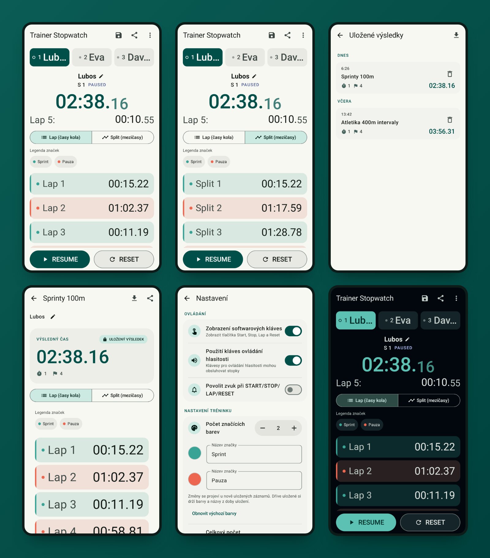 Trainer Stopwatch - obrazovky aplikace: víc stopek, značky a kola, historie, detail měření, nastavení a tmavý motiv