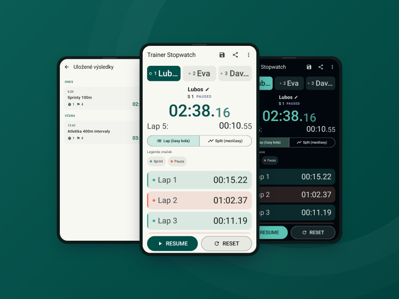 Trainer Stopwatch - obrazovky Android aplikace se stopkami pro trenéry