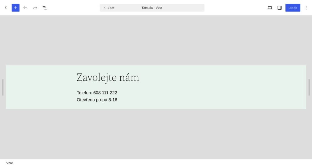Editor přepnutý na vzor Kontakt - v hlavičce je Kontakt · Vzor a šipka Zpět