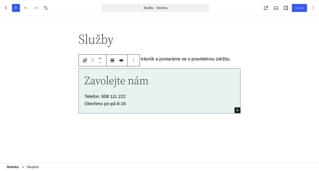Editor stránky Služby: stejně vypadající box s kontaktem bez tlačítka Upravit originál