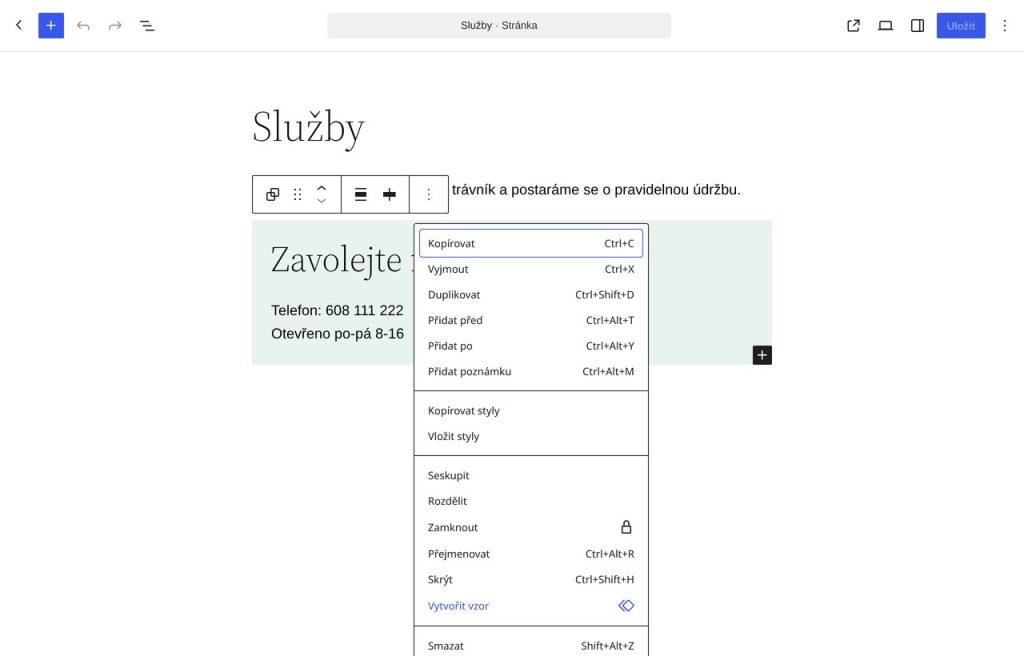Nabídka pod třemi tečkami u vybraného bloku, dole položka Vytvořit vzor