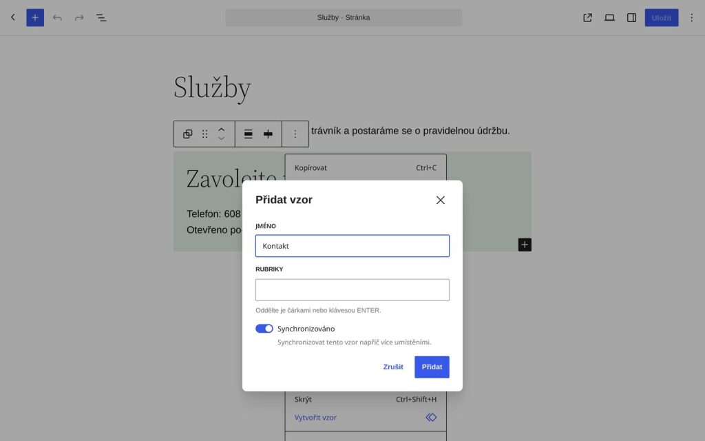 Dialog Přidat vzor se jménem Kontakt a zapnutým přepínačem Synchronizováno