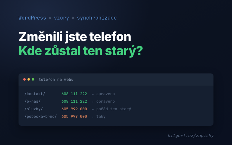 Náhled článku: stejný telefon na několika stránkách webu, na dvou z nich zůstalo staré číslo